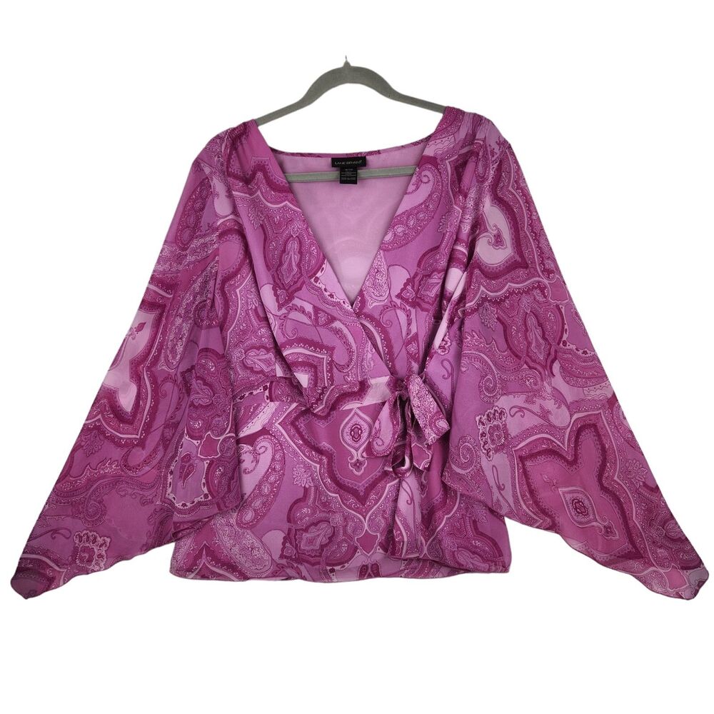 Lane Bryant Wrap Blouse Sz 18/20 Paisley Flutter Sleeve Wedding Guest Career Mod